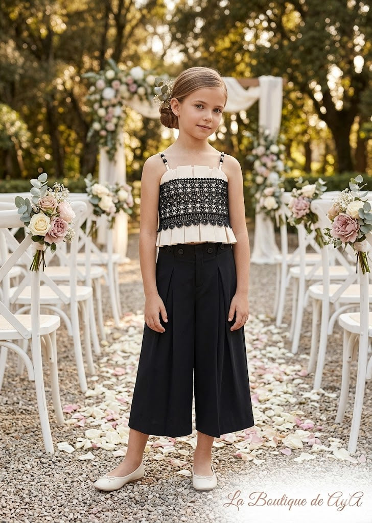 Pantalon largo modal fluido negro y top de Tirantes Crema 05278