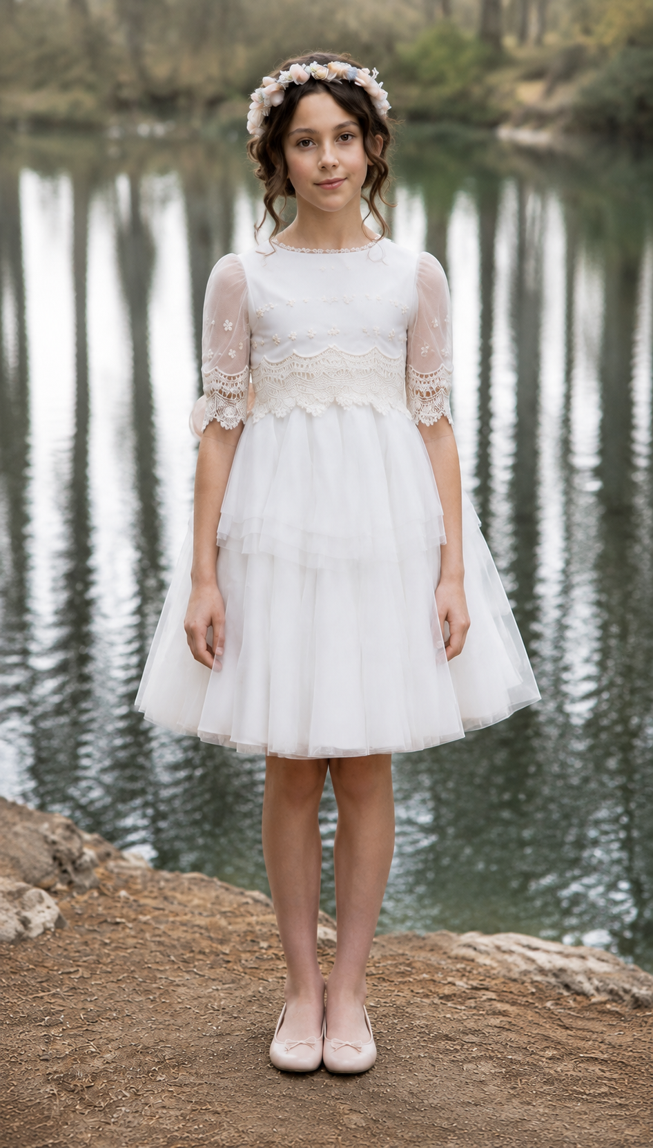 Vestido de comunión corto Rocío Meninas 26029 visto de frente