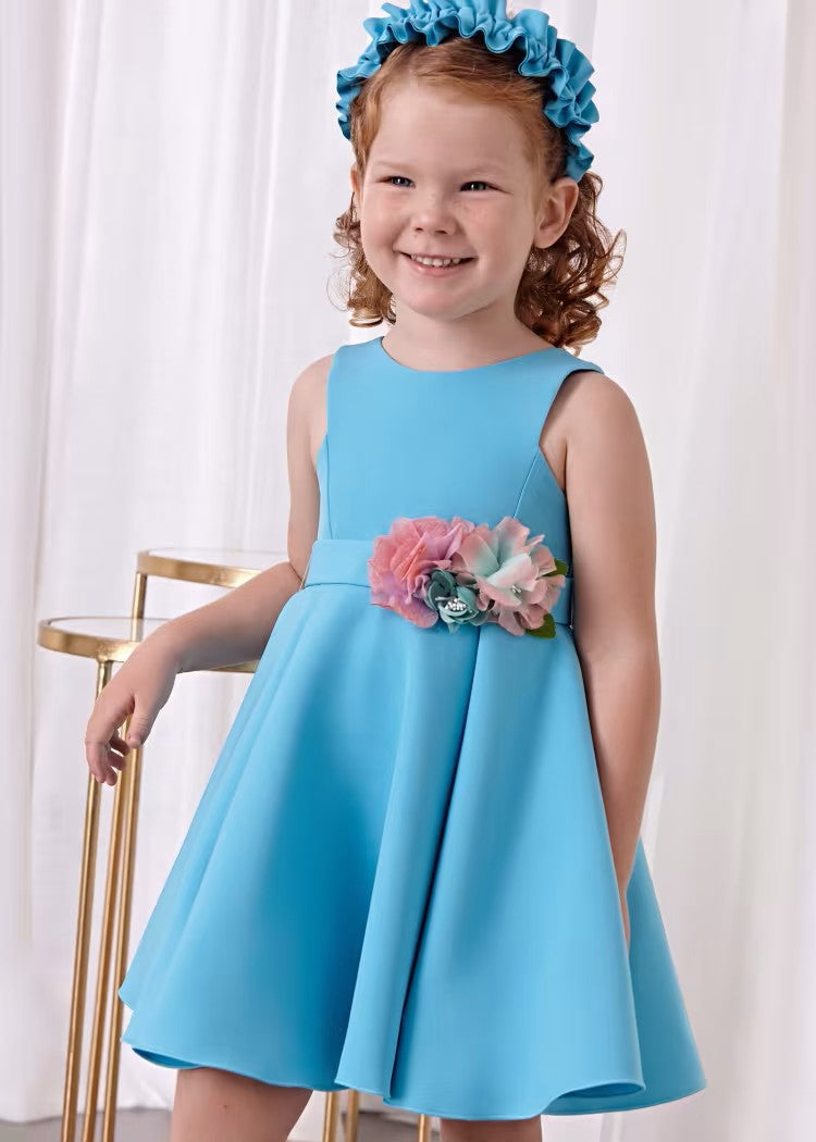 Vestido turquesa crepe aplique floral niña  05062