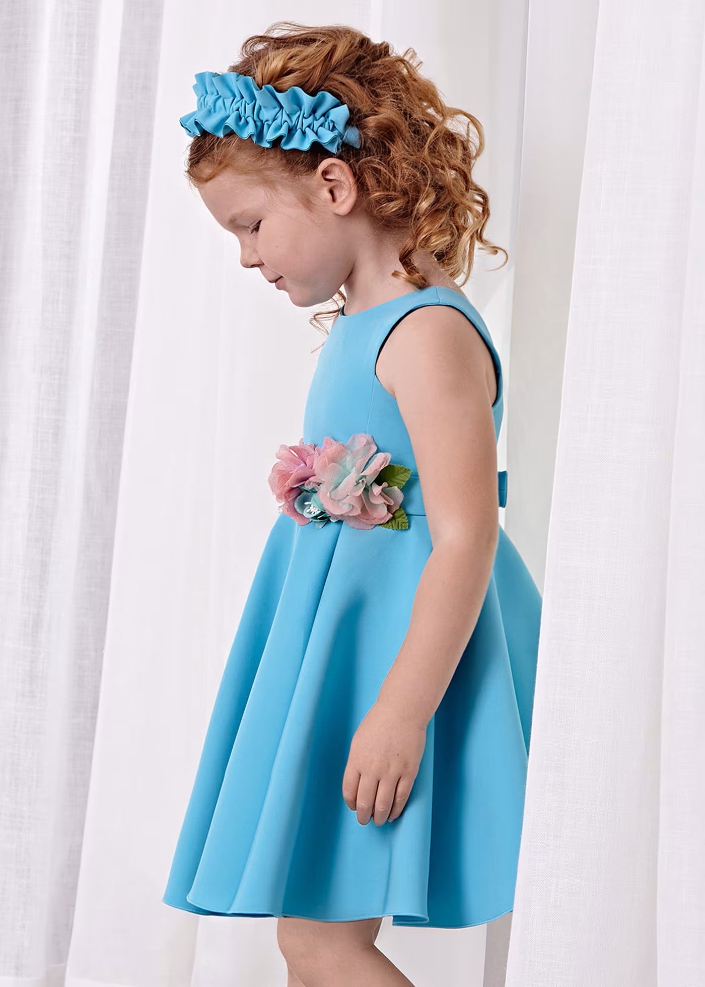 Vestido turquesa crepe aplique floral niña  05062