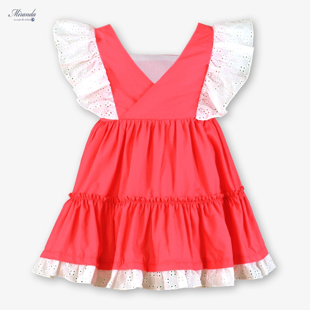 Vestido niña Miranda coral con volantes y detalles bordados, vista trasera