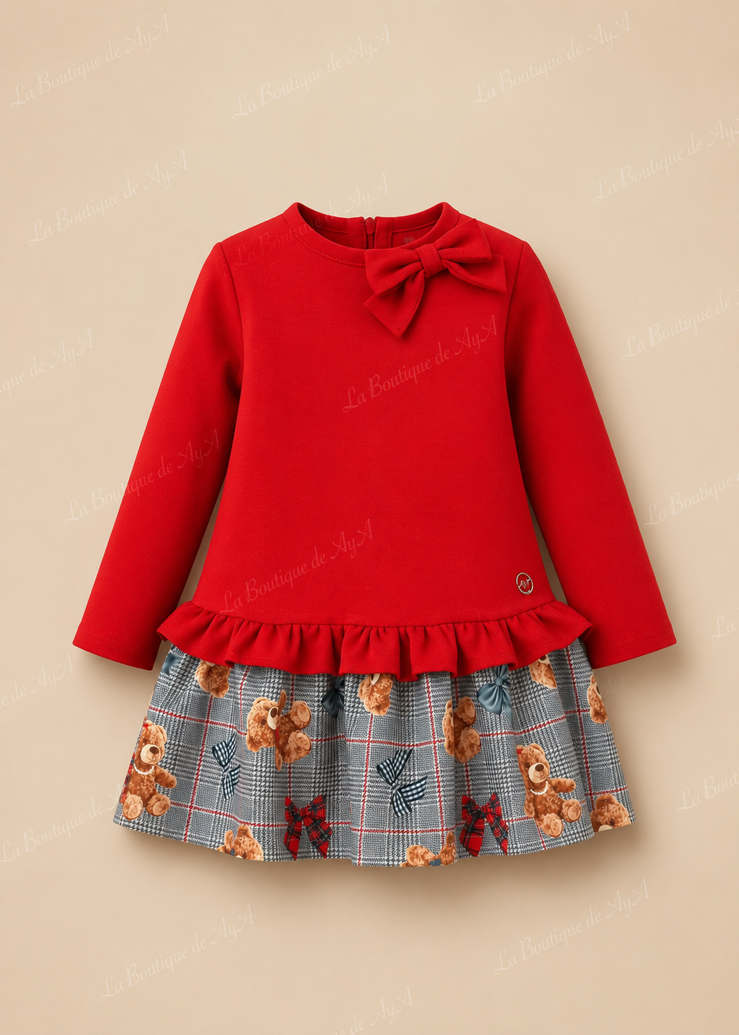 Vestido rojo para niña Miranda con lazo y falda estampada de ositos