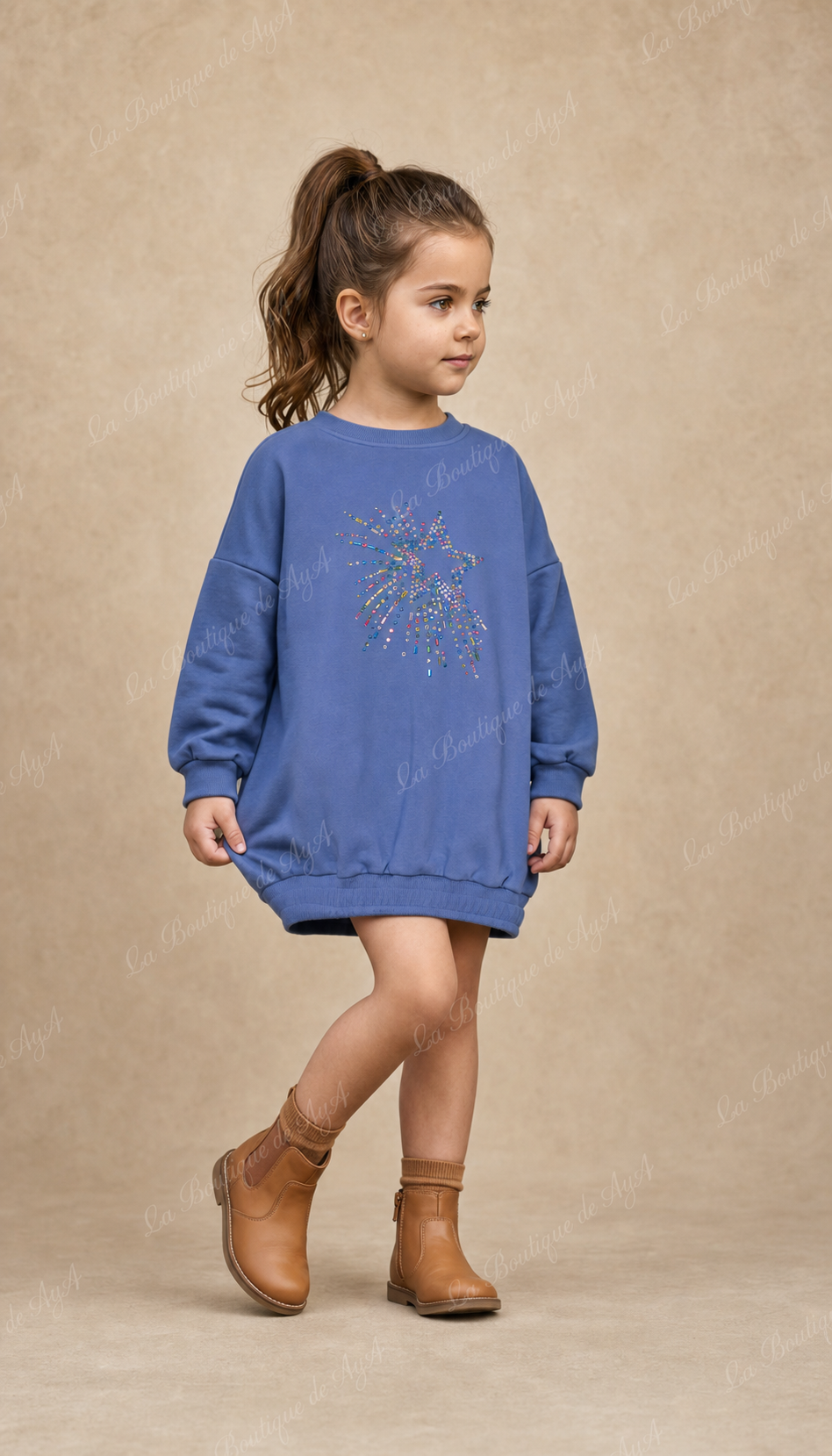 Niña con vestido sudadera azul Miranda de manga larga