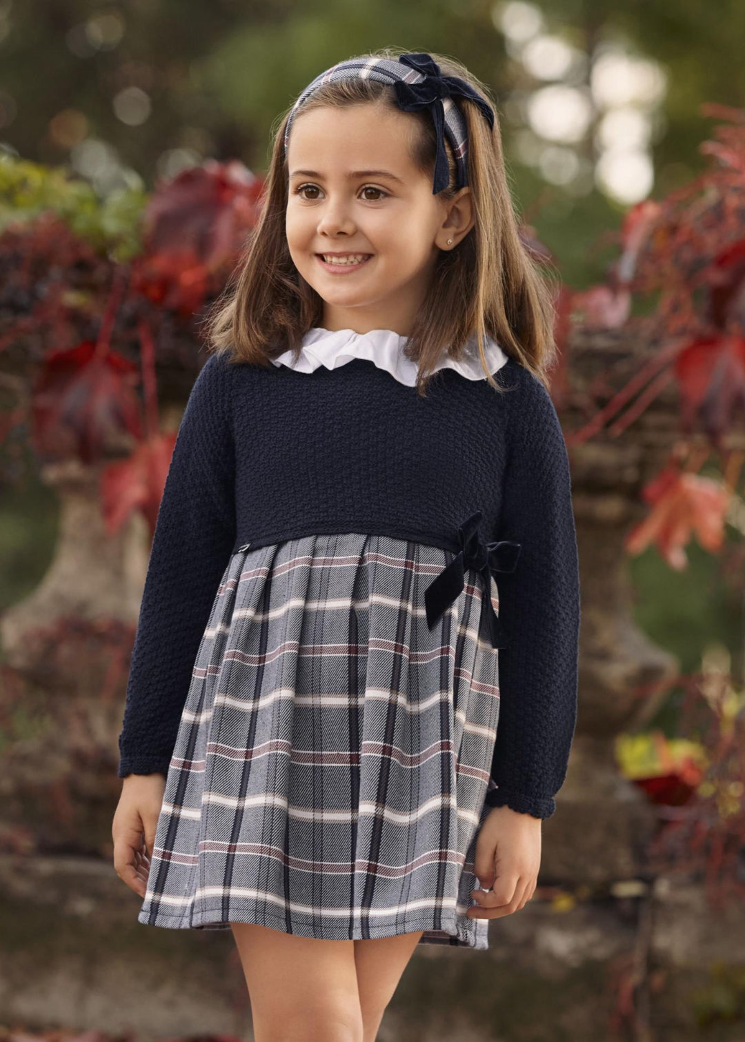 Vestido Cuerpo Punto  Cuadros Lazo terciopelo marino JULIANA 25653