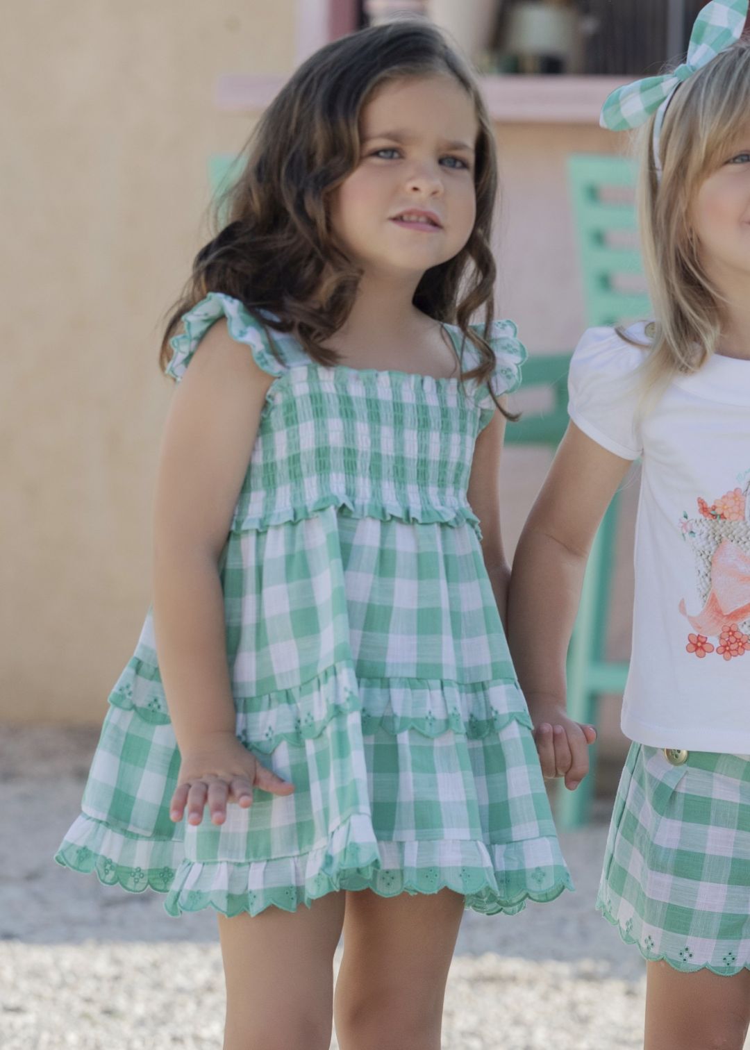 Vestido verde a cuadros Miranda 0628 con volantes para niñas